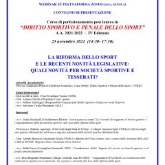 La riforma dello sport e le recenti novità legislative: quali novità per società sportive e tesserati? (piattaforma ZOOM, 23 novembre 2021)